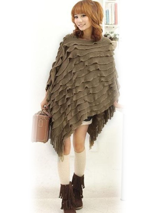 Kvinnor Vinter Solid Ruffles tofsar Stickad tröja Poncho Pashmina Scarf Halsdukar Stickat tröjor &amp; koftor