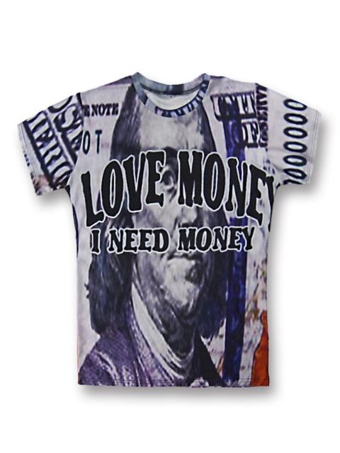 Moda Venda Quente de Verão 3D Impressão &quot;Eu amo o dinheiro&quot; de Algodão Mangas Curtas Do Punk Ocasional T-shirt Tops Tees