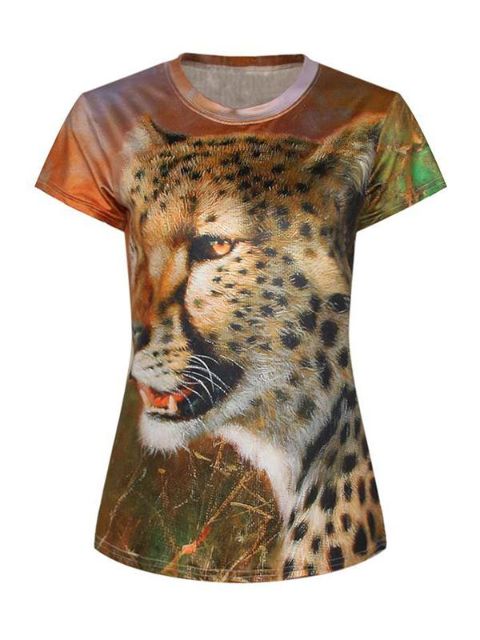 3D Leão Digital Impressão Digital de Manga Curta Crewneck T-Shirt Camisas T (Brown) T-shirt