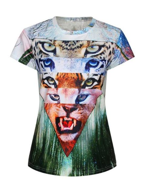 Mulheres 3D Tiger Digital Impressão de manga curta Crewneck T-shirt Camisas Tee (Verde)