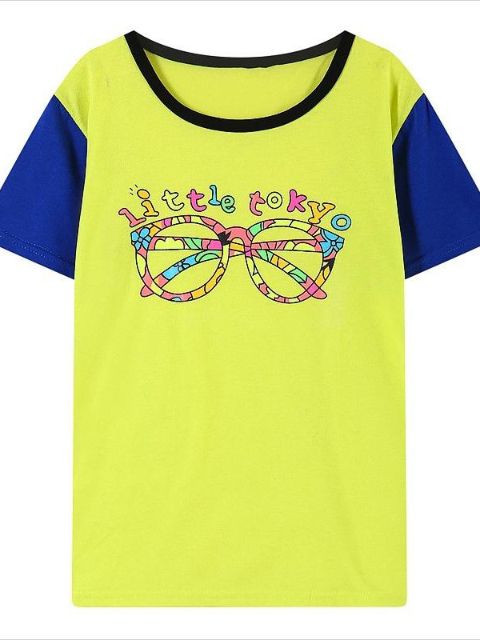 Fashion Harajuku Style Candy-Color Glasses Printed Round Neck Short Sleeve T-Shirts(Yellow,one size )
