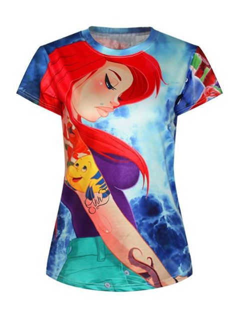 Frauen 3D Cult Ariel Digitaldruck Kurzarm Crewneck T-Shirt Hemden Tee (blau)