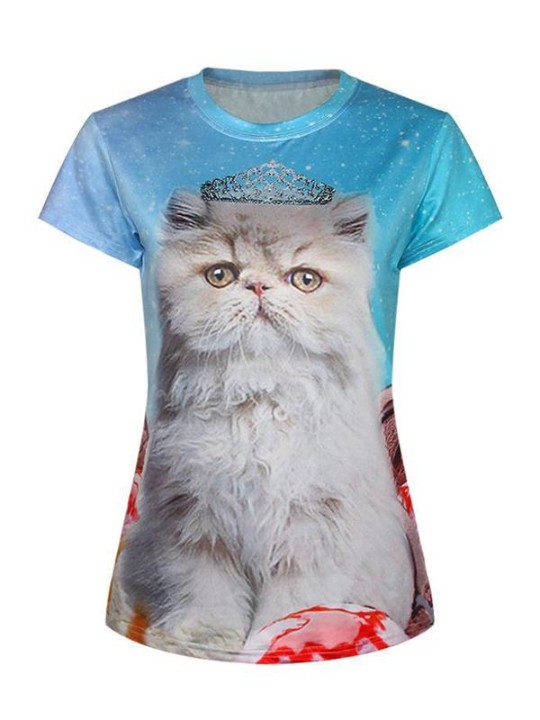 Frauen 3D Cat Digitaldruck Kurzarm Crewneck T-Shirt Shirts Tee (weiß)
