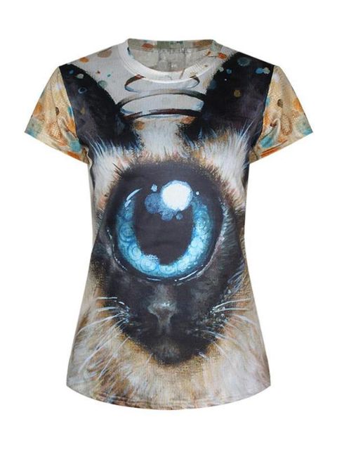 Frauen 3D Cat EyeballDigital Printing Kurzarm Crewneck T-Shirt Hemden Tee (schwarz)