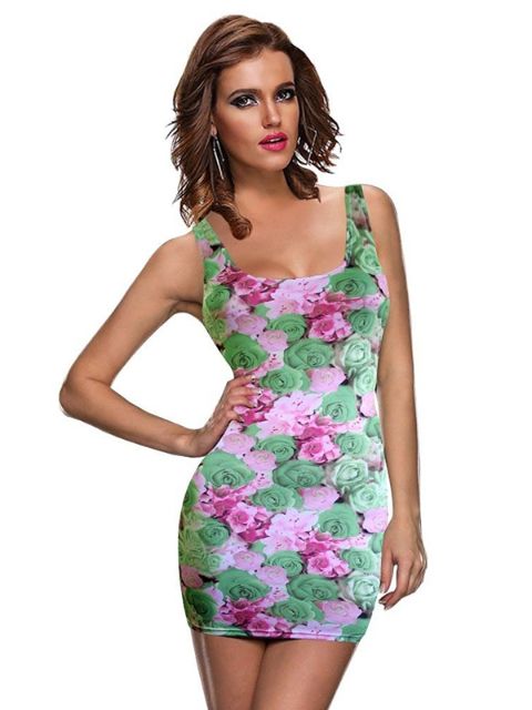Sexy Vintage Floral Print Retro 50s &#39;60s&#39;Zipper Tank Tank Vestido Bodycon Clubwear
