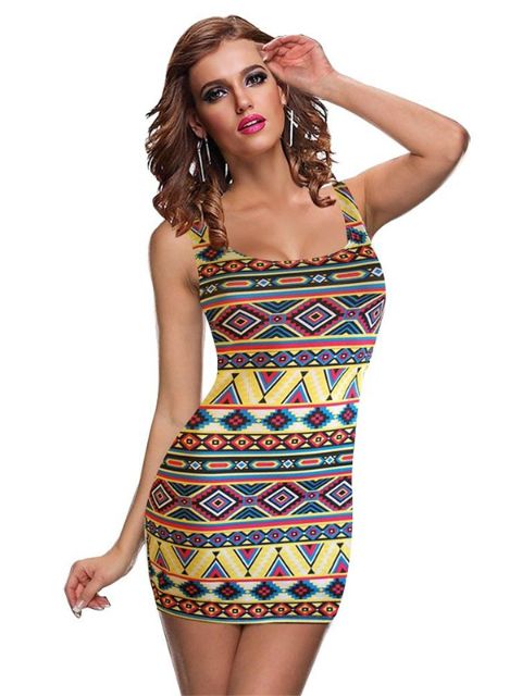 Retro Tribal Aztec Print Boho tankur kjóll Sumartískan frjálslegur kjóll Bodycon kjólar
