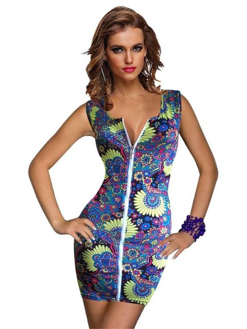 Seksikäs vintage kukkakuvio Retro 50-luvun 60-luvun vetoketjullinen etutankkimekko Bodycon Clubwear
