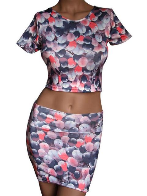 Kvinder Ballon Print Rund hals Kortærmet Tshirts Crop Tops + Over knæet høj Bodycon Mini nederdele Et sæt
