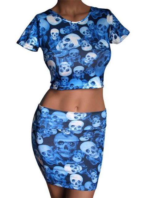 Kvinders kranium print rund hals kortærmet Tshirts Crop toppe + Over knæet høj Bodycon Mini nederdele et sæt