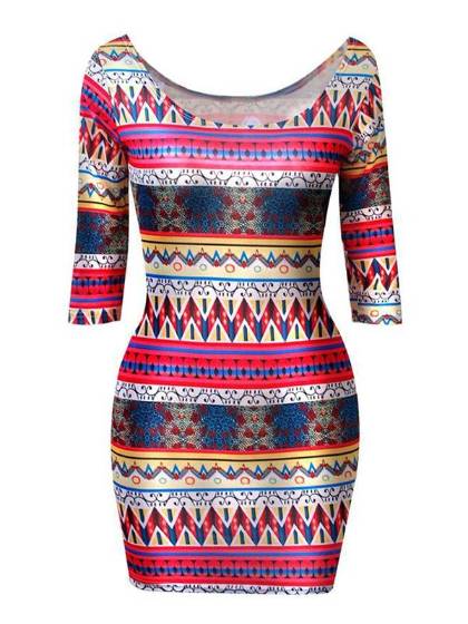 Women Lady's Scoop Round Neck Aztec Half Sleeve Slim Fit Prom Bandage Bodycon Dresses Vintage Dresses
