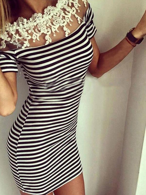 Plusstorlek Sexig kort ärm Axelbandslös spetshals Bodycon kort smal penna klänning