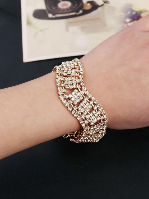 Lyxigt Rhinestone Chain Armband Brud Bröllopssmycken Dammodell Manschettknappar