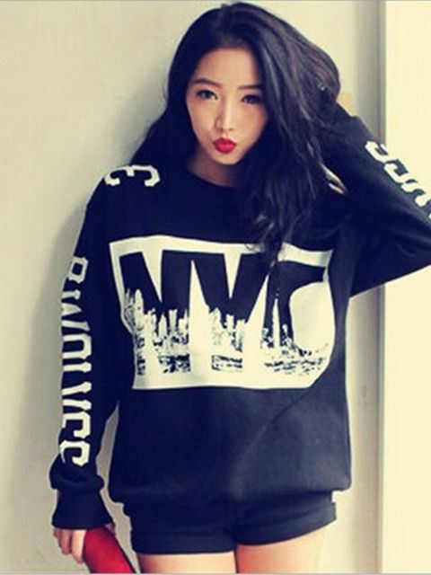 Goth Punk Herbst Womens NYC Digital dicker Fleece Pullover lose mit langen Ärmeln Lässige Sweatshirts &amp; Hoodies