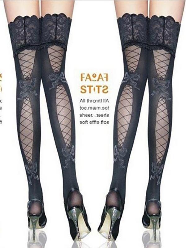 Fashion Luxurious Lace Up Back Prints Sheer Stockings Bow Knots Gothic0909