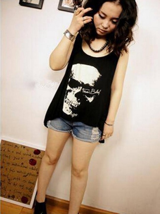 Mode Kvinder Sexet Punk Kranium Asymmetrisk Hem Hollow Back Ærmeløse Toppe Bluse Vest Tanks