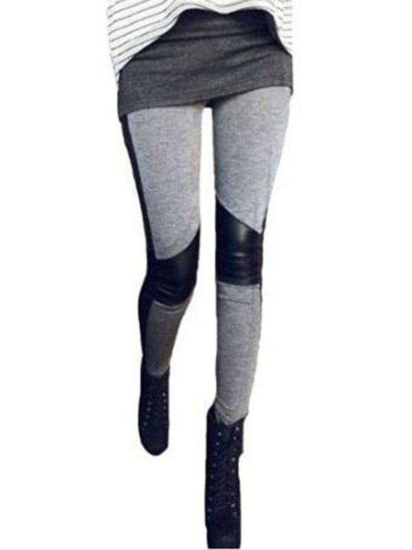 Automne Mode Femmes Faux Cuir Coton Incrusté Legging Tregging Tight