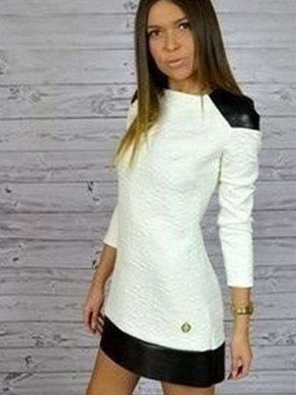 Women Fashion  White Round Neck Long Sleeve PU Paneled Pullover Sweat Dress Top t-shirt