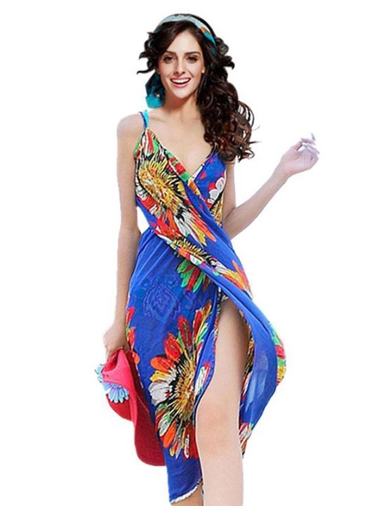 Femmes Mode Sexy Femmes Floral Strap Negril Maillots De Bain Plage Cover-ups Robe Sarong