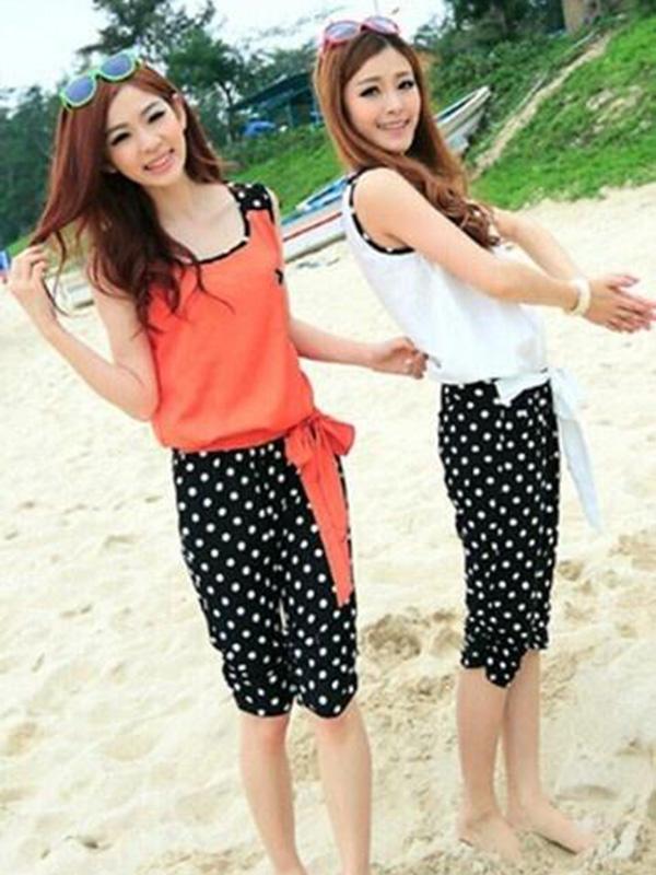 Kvinnor Vårmode Dot Patchwork Jumpsuits Rompers Ärmlös Vintage Polka Chiffon Capris Bodysuit Jumpsuit