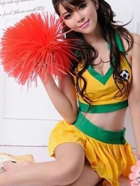 Nytt sexigt mode orange och gröna kvinnodräkter fotbolls-VM Brasilien topp + kjol cheerleader kostymuppsättning