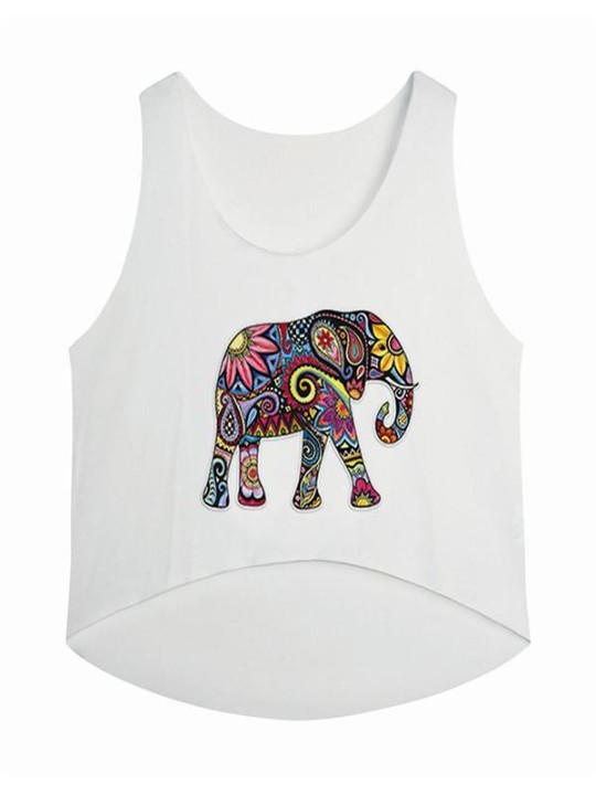 Femmes mode sport décontracté couleur blanche numérique coloré éléphant imprimé gilet sans manches haut court