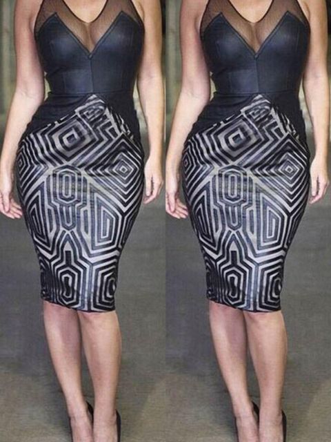 Kvinnor Sexig Club Evening Bandage Mesh Pu Läder Klänning Bodycon Print Casual Party bodycon klänning