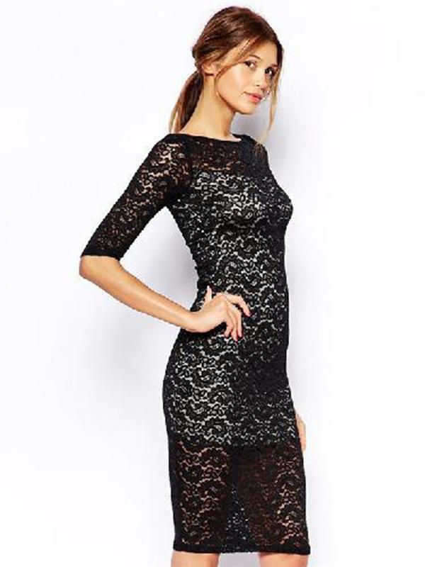 Sexy Slim Version O-neck Short Sleeve Black Lace Casual Slim Dress