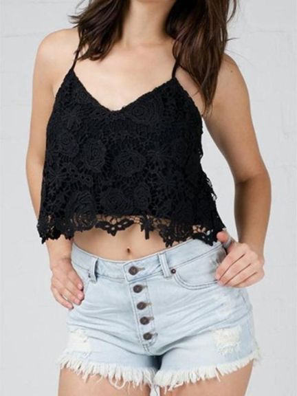 Moda de mujer Sexy Black Strap Rose Lace Crop Camisole Tops