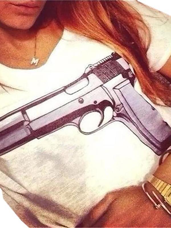 2015 Femmes Et Hommes Blanc Gun Print Col Rond À Manches Courtes T-shirt Top