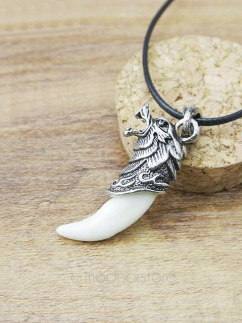 Mænds antik sølv Tribal Hvid Stark Wolf Fang Tand Boho Pendant Halskæde Par Halskæder