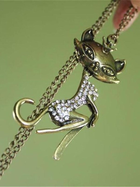 Vintage Bronce Sexy Cat Crystal Long Necklace Retro Animal Plant Colgantes Sweater Coat Collares