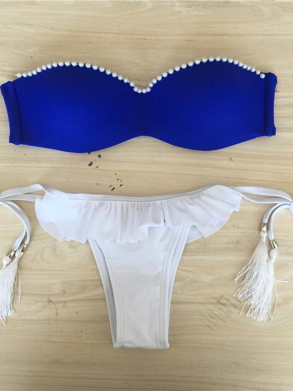 Women Sexy Beach Wear Pearl Jeweled Strapless Bandeau Bikini Set Ruffled Triangle Bottom