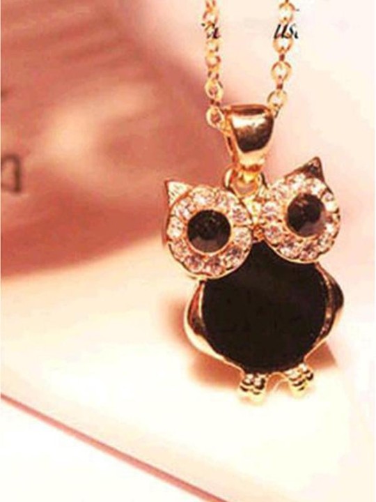 Dammode Hot Rinestone Owl Pendant halsband i klara facetterade strass Svart Vit