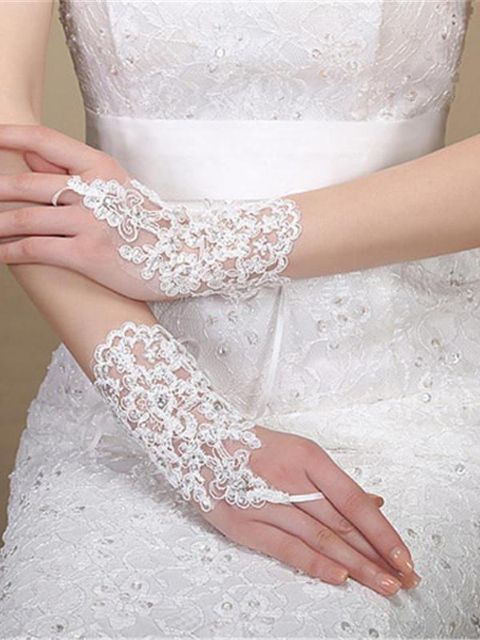 Accessoires de gants de mariée en ivoire pour femmes, dentelle strass, gants sans doigts sexy