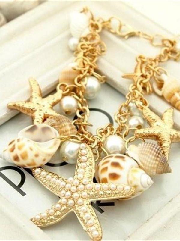 Ocean Multi Starfish Sea Star Conch Shell Pearl Chain Strandarmbånd Trendy (farve guld)