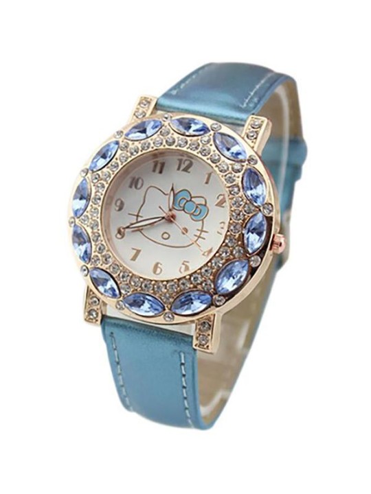Women's Cute Diamond Decorated Hello kitty Round Dial Quartz Analog Wrist Watches