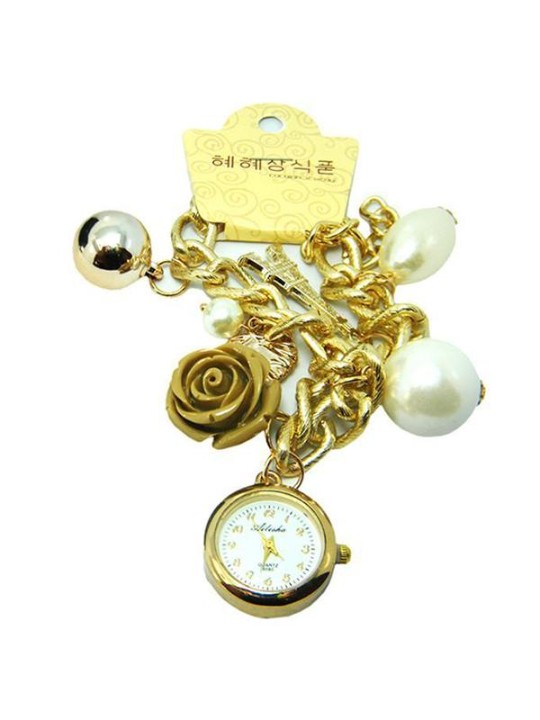 Femmes Dames Mode Perle En Métal Floral Décoré Quartz Bracelet Analogique Bracelet Montre
