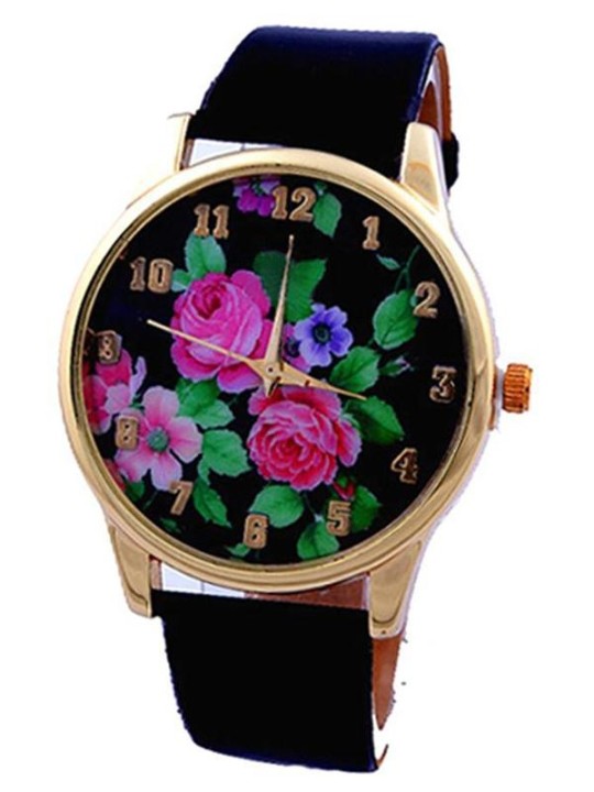 Kvinnamode Casual Blomtryck Analog kvarts konstläder handledsklockor för kvinnor