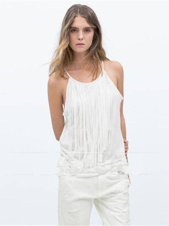 Women's Sexy Round Neck Strap Fringed Tassels Sleeveless Top Vest Tank