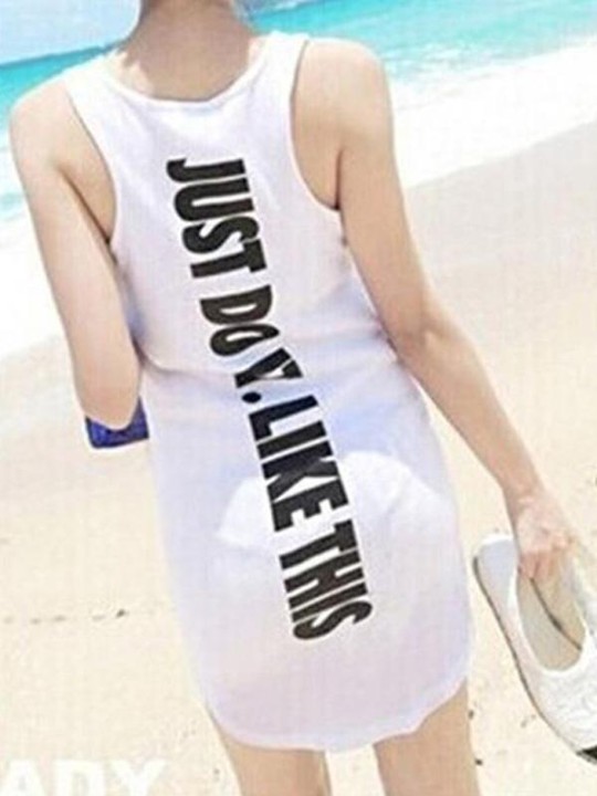 Women's New Fashion Solid Backl Letter Print Slim Sleeveless Long Vest Top Casual Dress