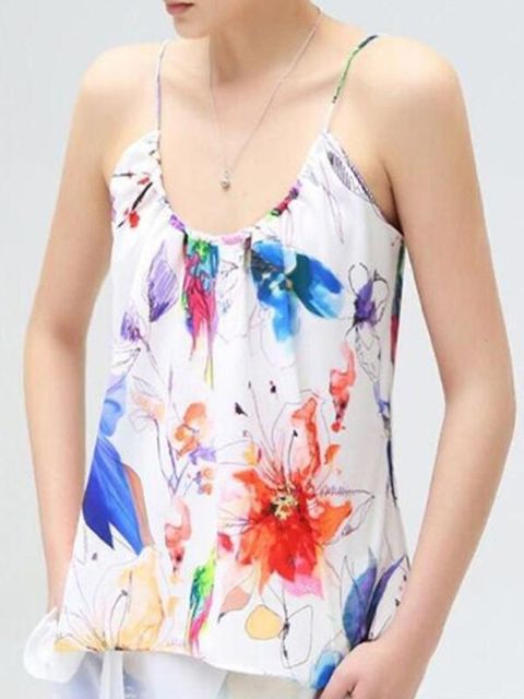 T-shirt sans manches en mousseline de soie à imprimé floral décontracté à la mode féminine