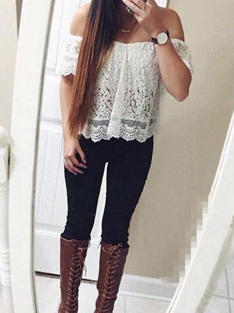 Kvinnors nya mode Solid vit spets Söt Sexig Axelbandslös Slim Vest Top T-shirt T-shirt