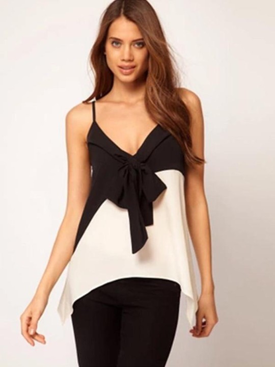 Women's Plus Size Sexy Sweet Bow Deep V Slim Casual Chiffon Long Vest Top