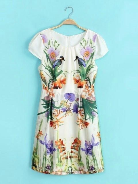 Beauté Imprimé Floral Manches Courtes O-cou Robes Vintage