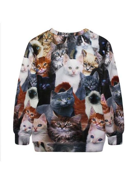 Women's Fashion Cats Pattern Digital Print Long Sleeve Pullovers Sweatshirts & Hoodies (Brown)
