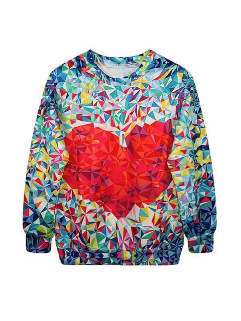 Moda Feminina Crystal Heart Pattern Digital Imprimir manga comprida Pullovers Moletons e Hoodies (azul)