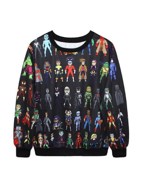 Moda feminina heróis bonitos impressão digital de manga longa moletons e Hoodies (preto)