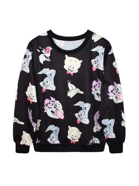 Women's Fashion Bugs Bunny Digital Print Long Sleeve Sweatshirts & Hoodies (Black)