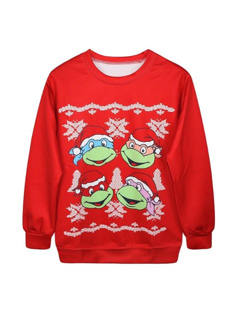 Womens Ninja Turtles Santas Merry Xmas GIFT Snow Deer Barco cuello manga larga 3D sudadera camiseta
