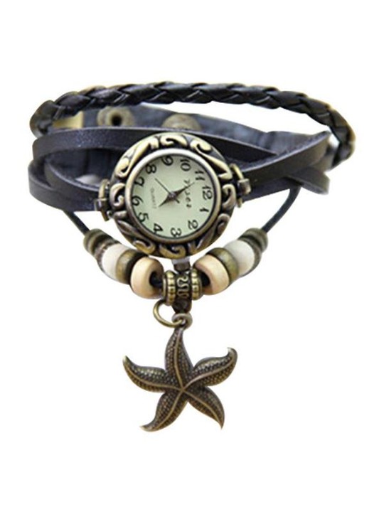 Konur Starfish flétt leður hliðstætt kvars úlnliðs armband kvenna úr